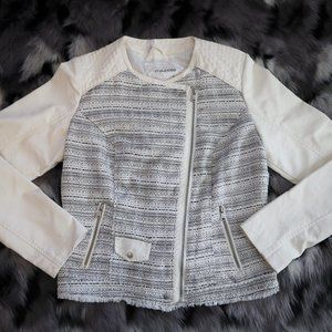 White and Black Asymmetrical Zip Maurices Jacket